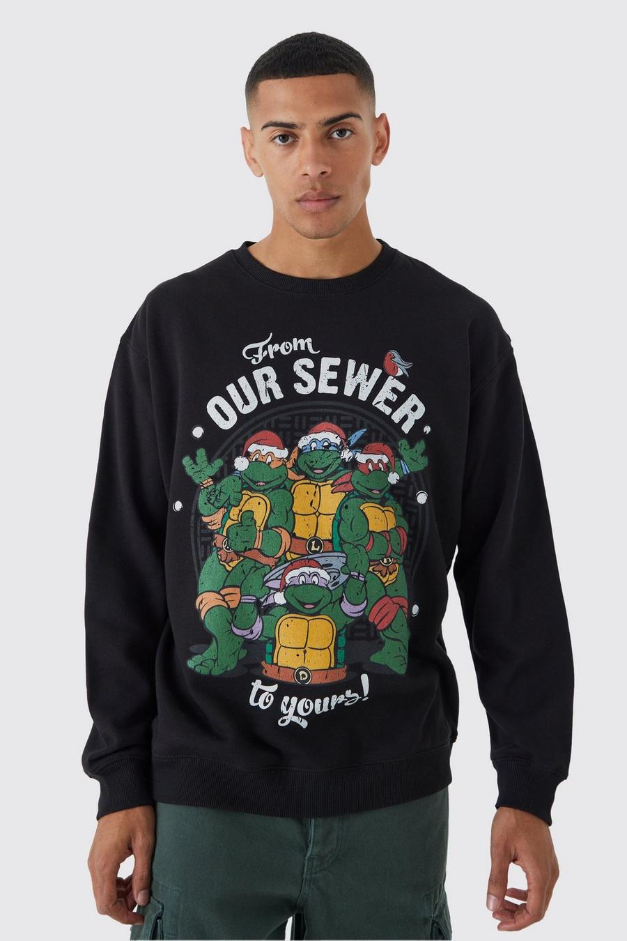 Black Oversized Christmas TMNT License Sweatshirt image number 1