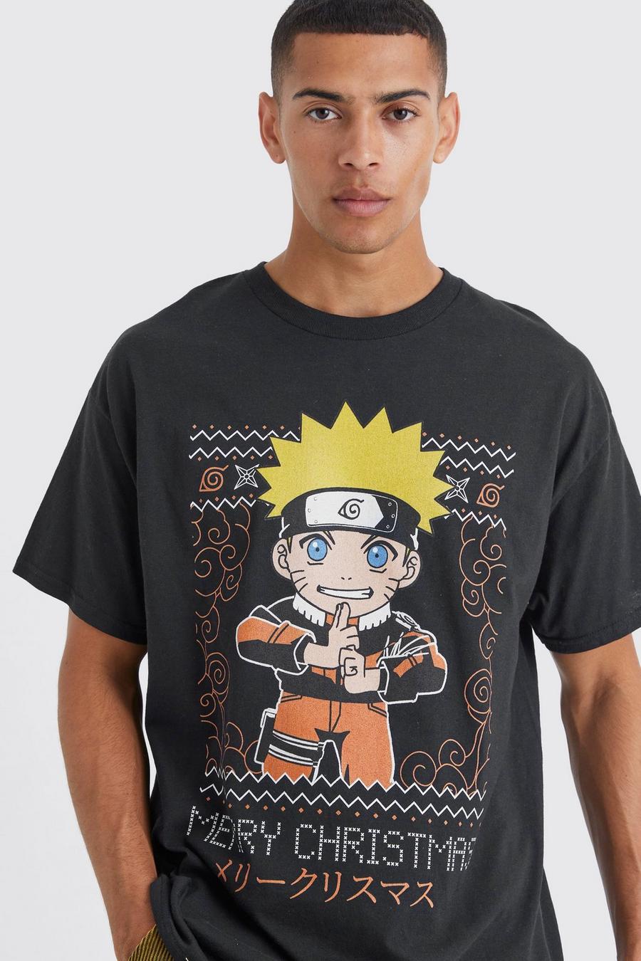 Black Oversized Naruto Christmas License T-shirt image number 1