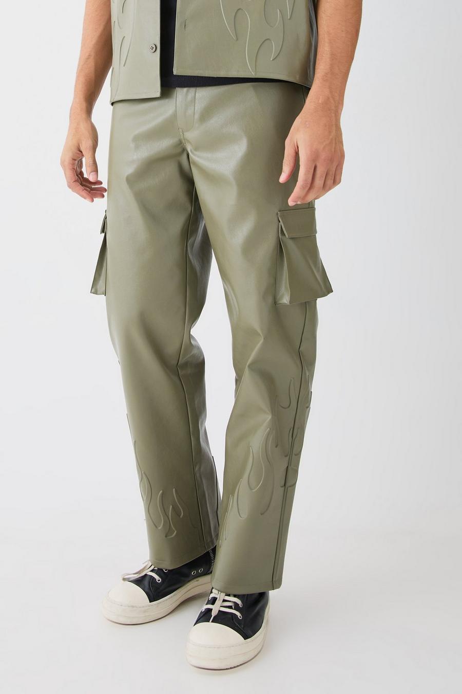 Pantalón holgado de cuero sintético con llamas en relieve y cintura fija, Sage image number 1