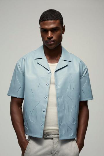 Blue Short Sleeve Drop Revere Boxy Pu Embossed Shirt