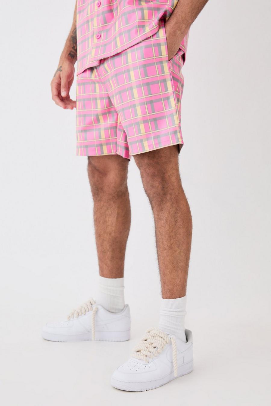 Multi Geruite Baggy PU Shorts Met Elastische Taille image number 1