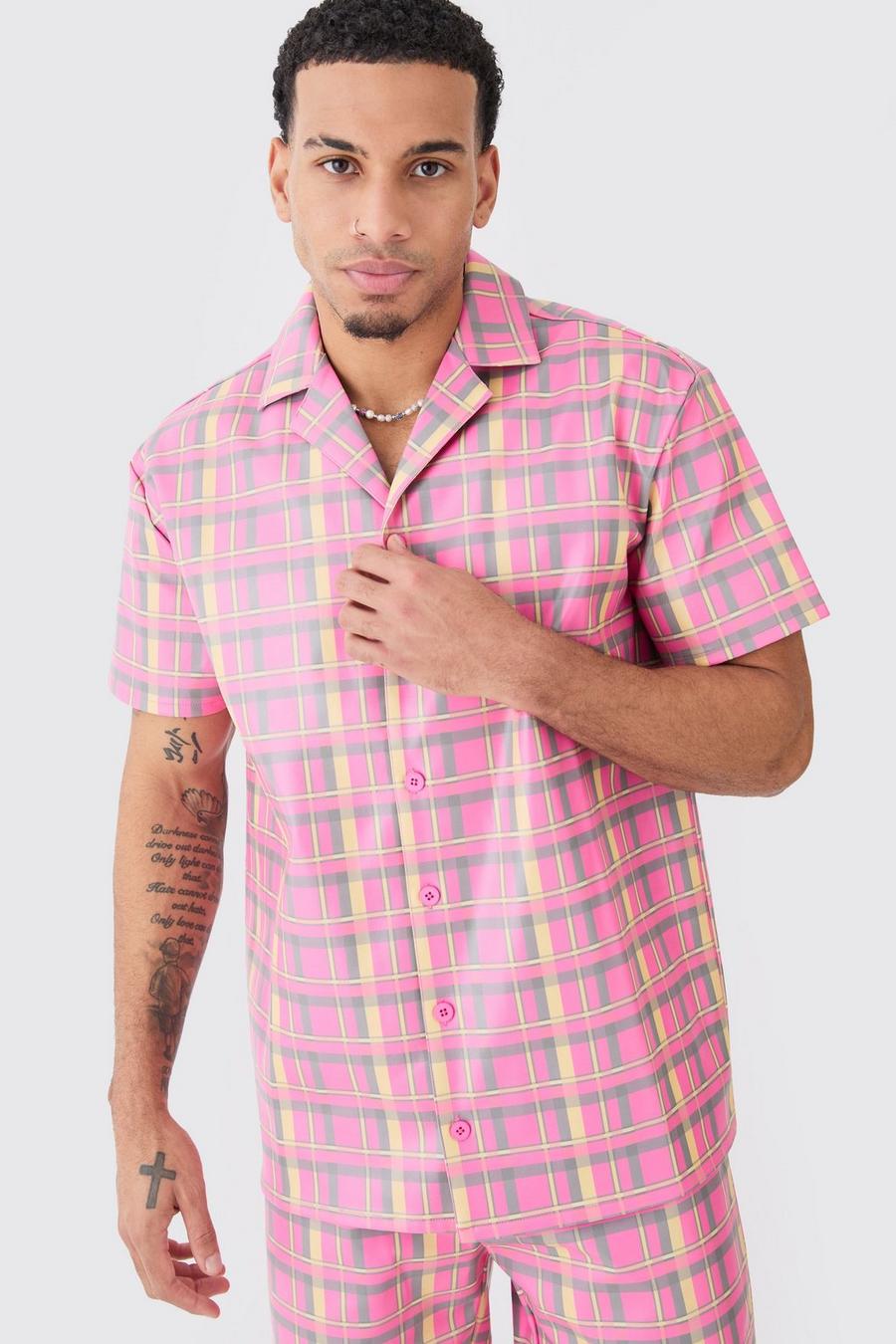 Multi Short Sleeve Oversized Check Pu Shirt image number 1