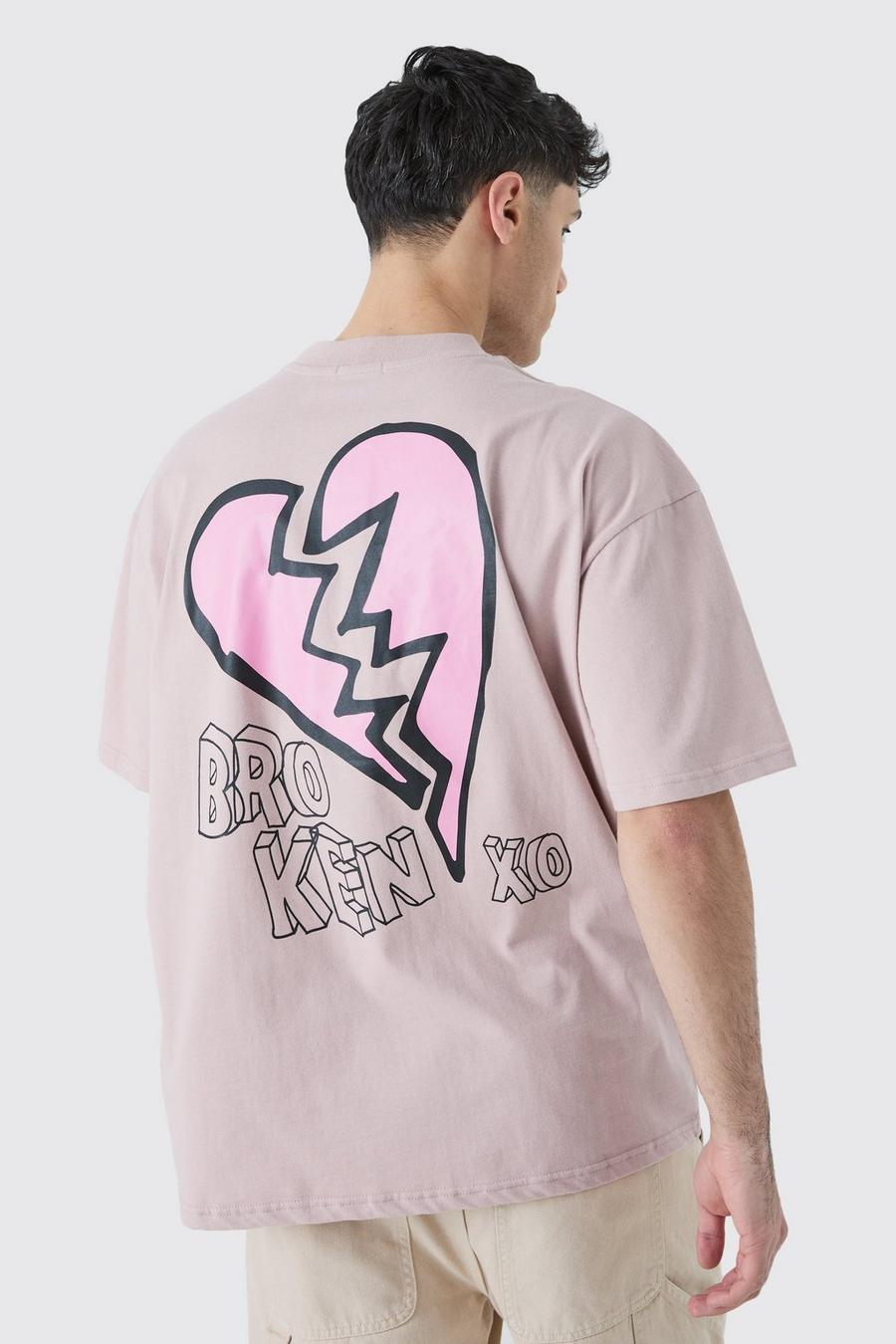 Camiseta oversize con estampado de corazones rotos, Mauve image number 1