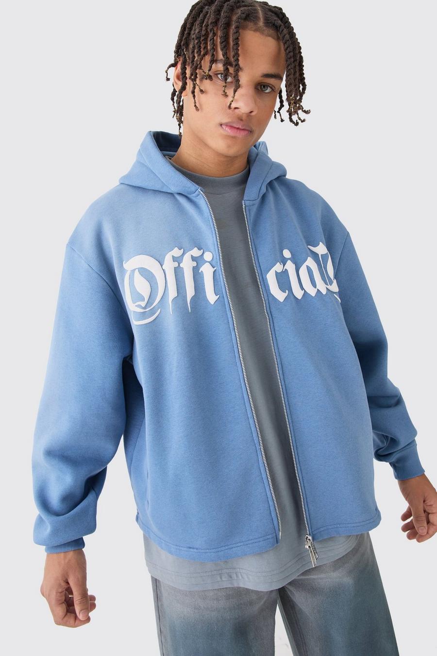 Slate blue Oversized Boxy Zip Through Washed Denim Applique Hoodie image number 1