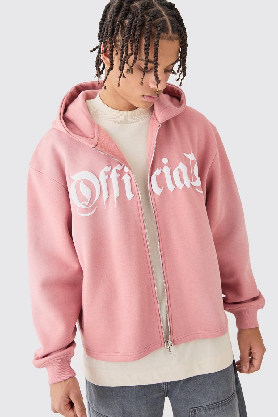 Dusty pink Oversized Boxy Zip Through Washed Denim Applique Hoodie image number 1