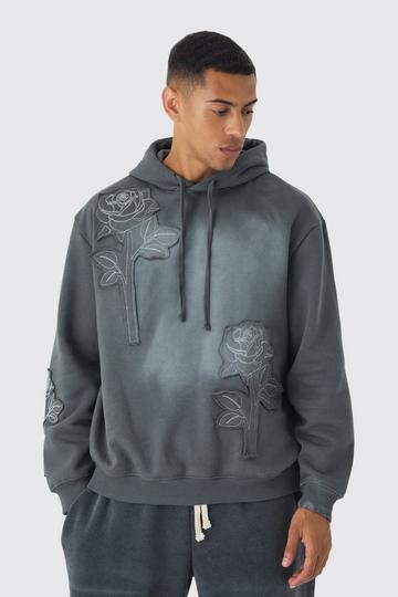 Oversized Spray Wash Rose Applique Hoodie charcoal