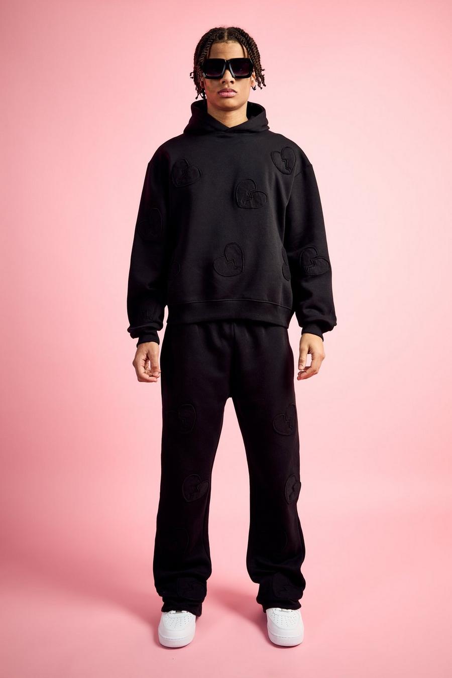 Black Oversized Boxy All Over Heart Applique Tracksuit image number 1