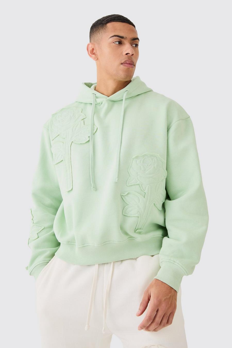 Sage Oversized Spray Wash Rose Embroidery Hoodie image number 1