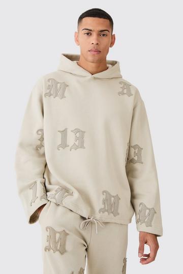 Oversized All Over Applique Open Hem Hoodie stone