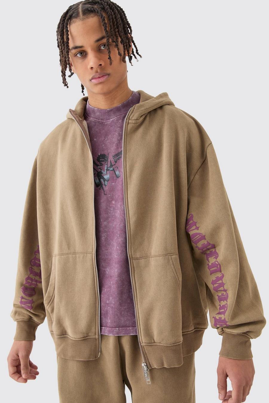 Brown Oversized Zip Thru Funnel Neck Acid Wash Applique Hoodie