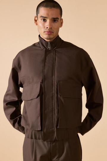 Funnel Neck Relaxed Fit Utility Smart Jacket chocolate