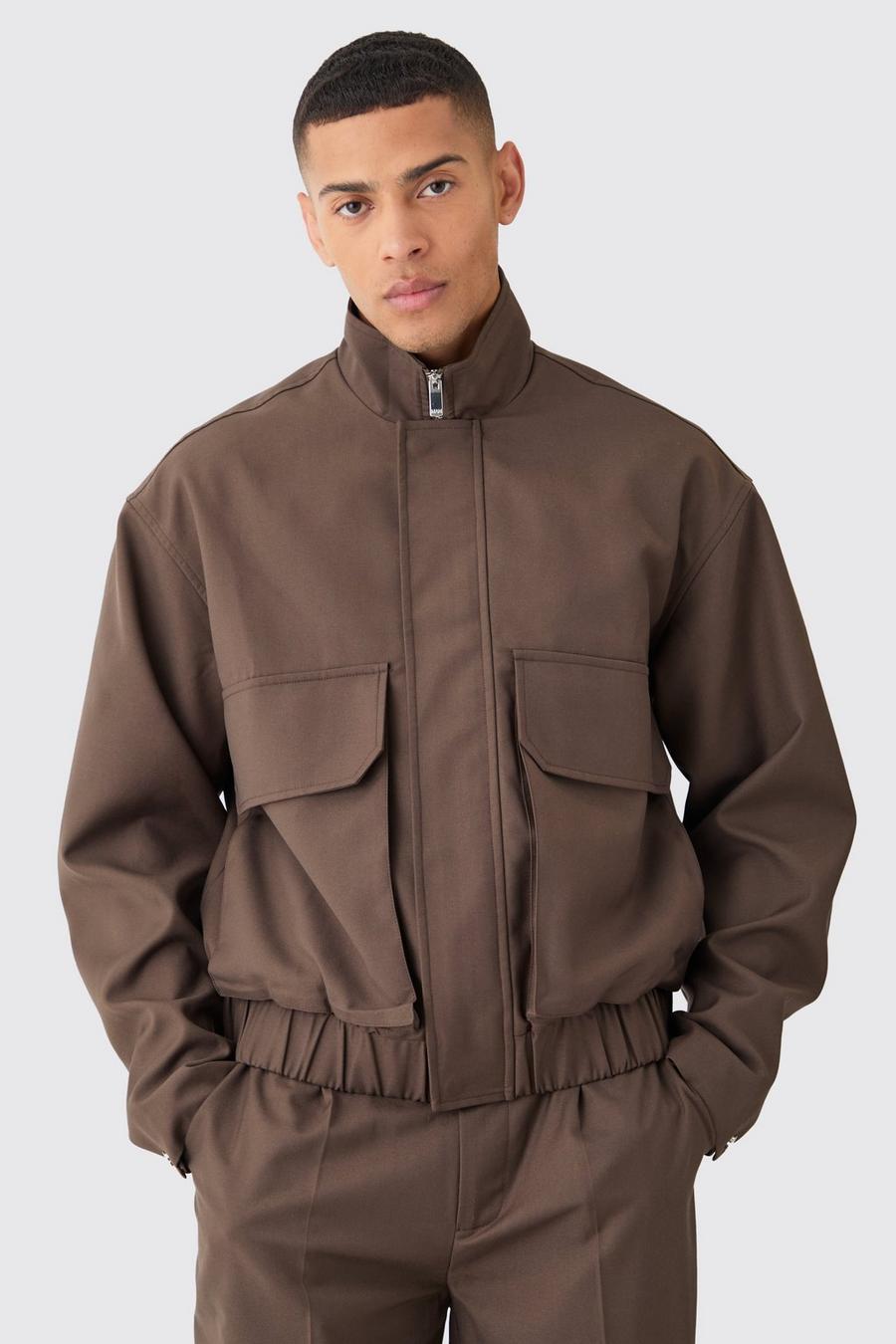 Chocolate brown Funnel Neck Relaxed Fit Utility Smart Jacket