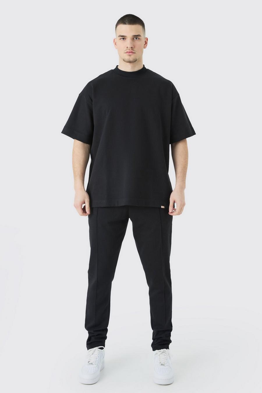 Set Tall T-shirt oversize & pantaloni tuta affusolati in maglia intrecciata, Black image number 1