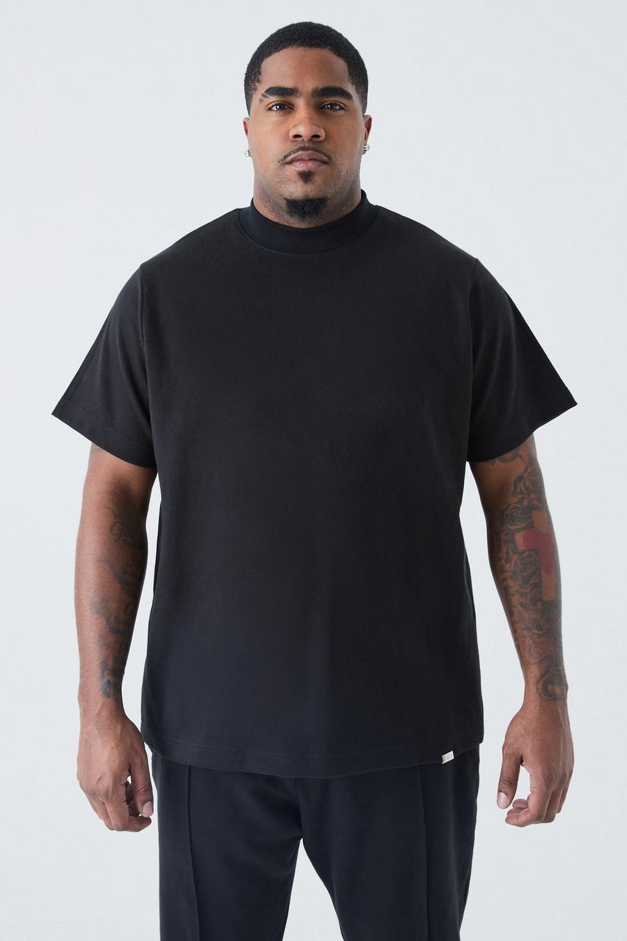 Black Plus Zwaar Verweven Slim Fit T-Shirt Met Brede Nek image number 1