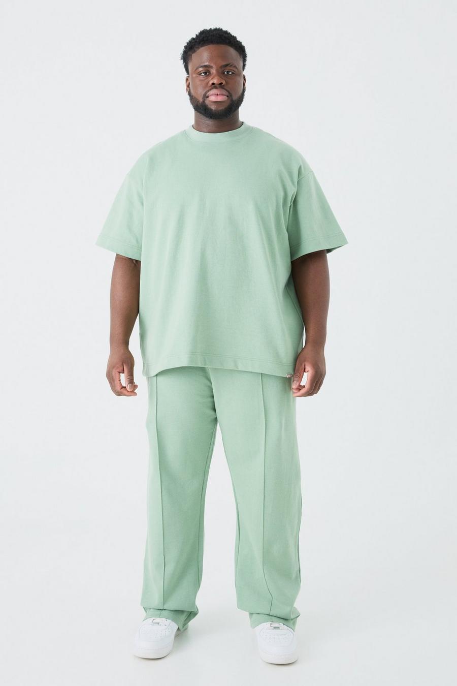 Set Plus Size T-shirt oversize & pantaloni tuta rilassati a effetto intrecciato, Sage image number 1