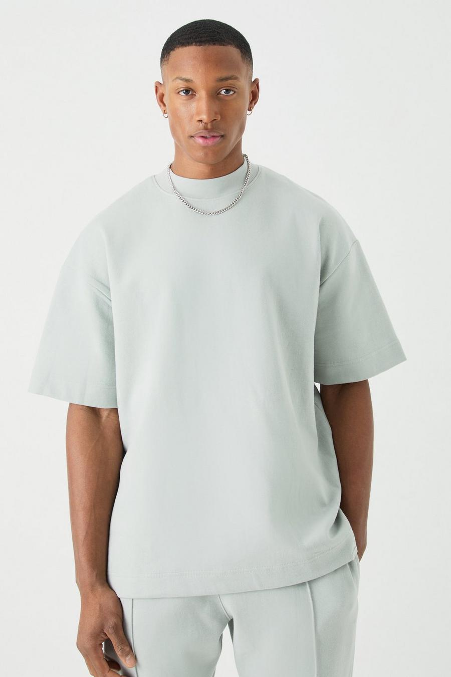 T-shirt Man oversize pesante in maglia intrecciata con girocollo esteso, Light grey image number 1