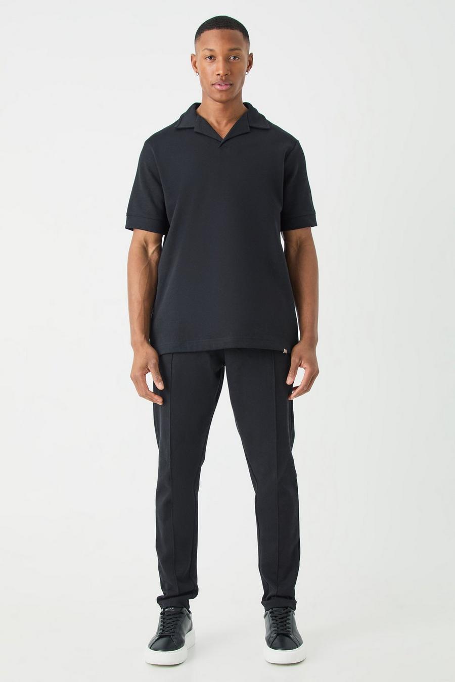 Conjunto de pantalón deportivo ajustado y polo con solapas, Black image number 1