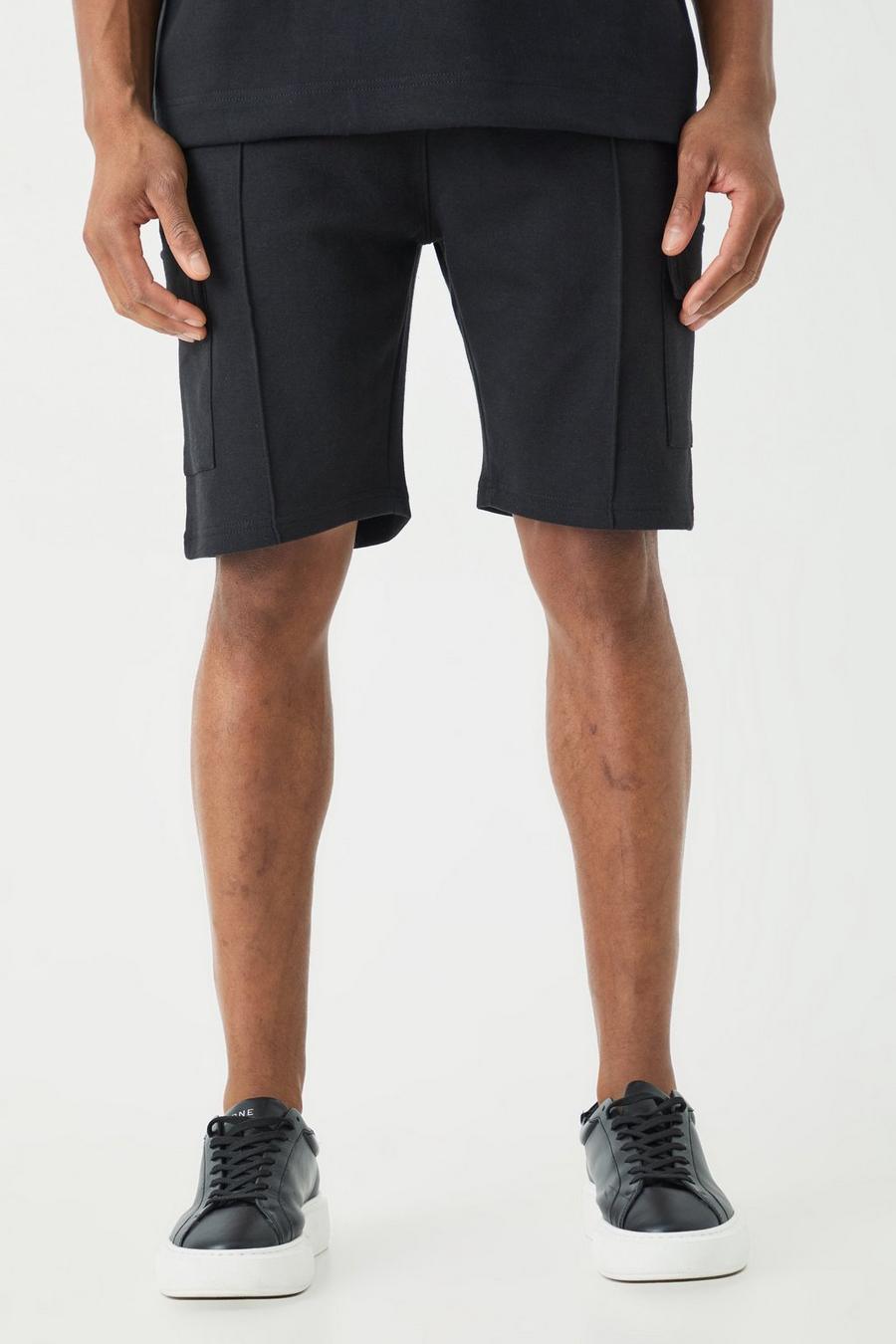 Black Interlock Slim Fit Cargo Shorts image number 1