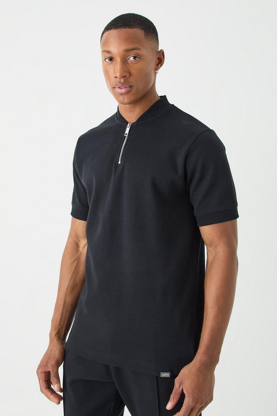 Black Dikke Interlock Slim Fit Polo Met Bomberjack Kraag