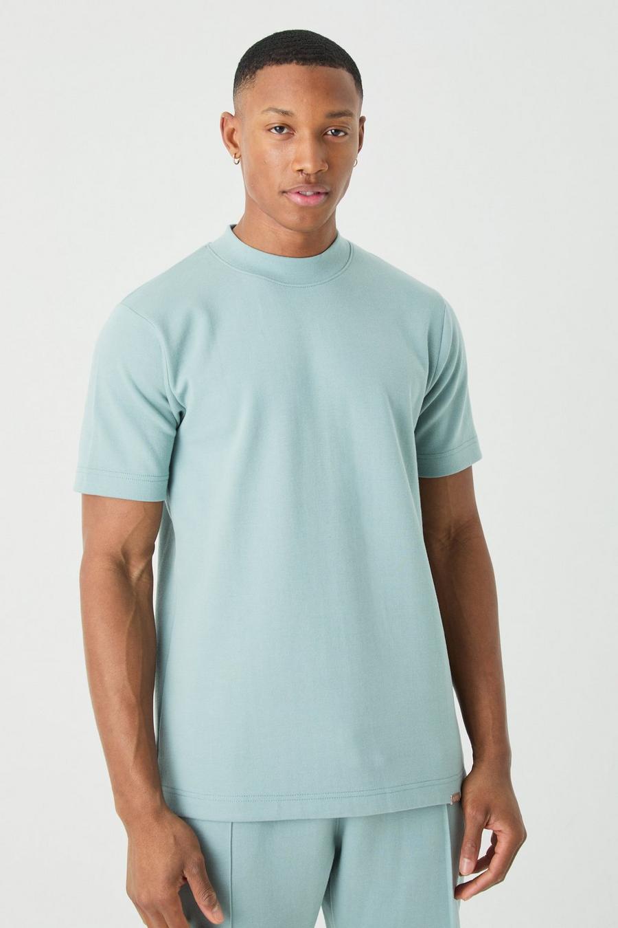 Dusty blue Man Dik Verweven Slim Fit T-Shirt Met Brede Nek image number 1