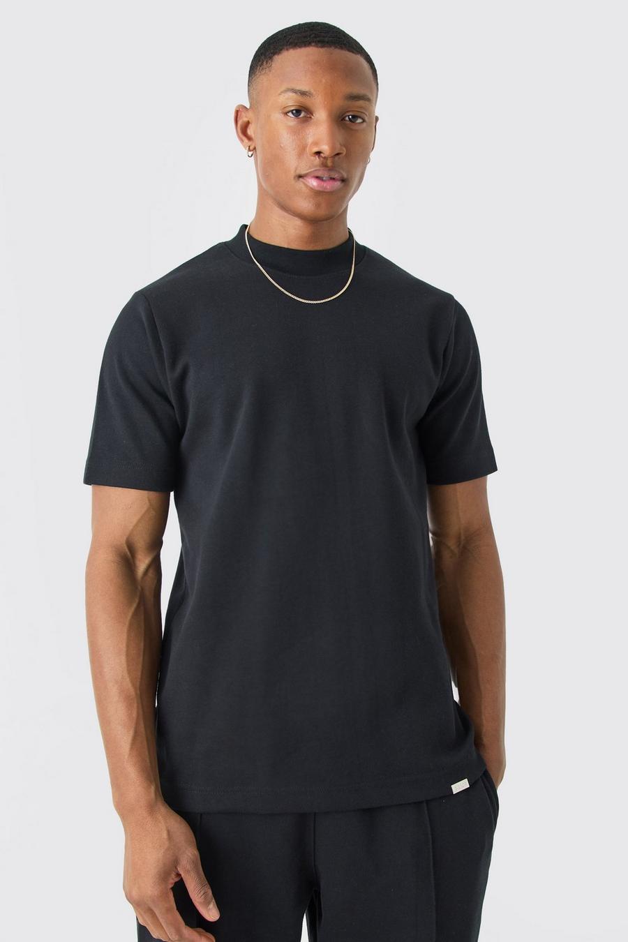 T-shirt Man Slim Fit in maglia intrecciata pesante con girocollo esteso, Black
