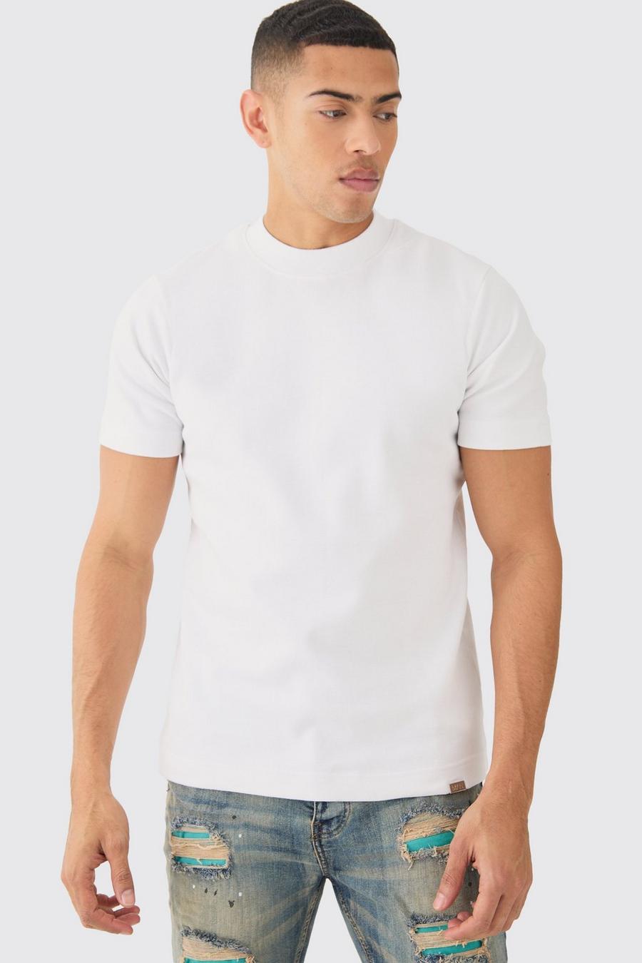 T-shirt Man Slim Fit in maglia intrecciata pesante con girocollo esteso, White image number 1
