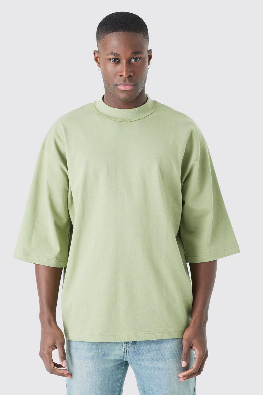 Camiseta oversize gruesa con cuello a cuadros y estampado cardado, Sage image number 1
