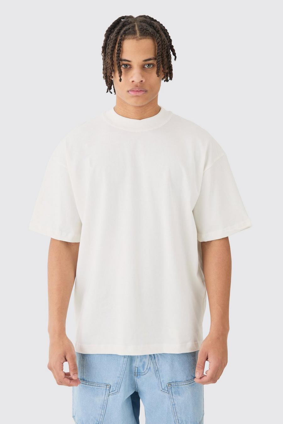 Camiseta oversize gruesa con cuello a cuadros y estampado cardado, Ecru