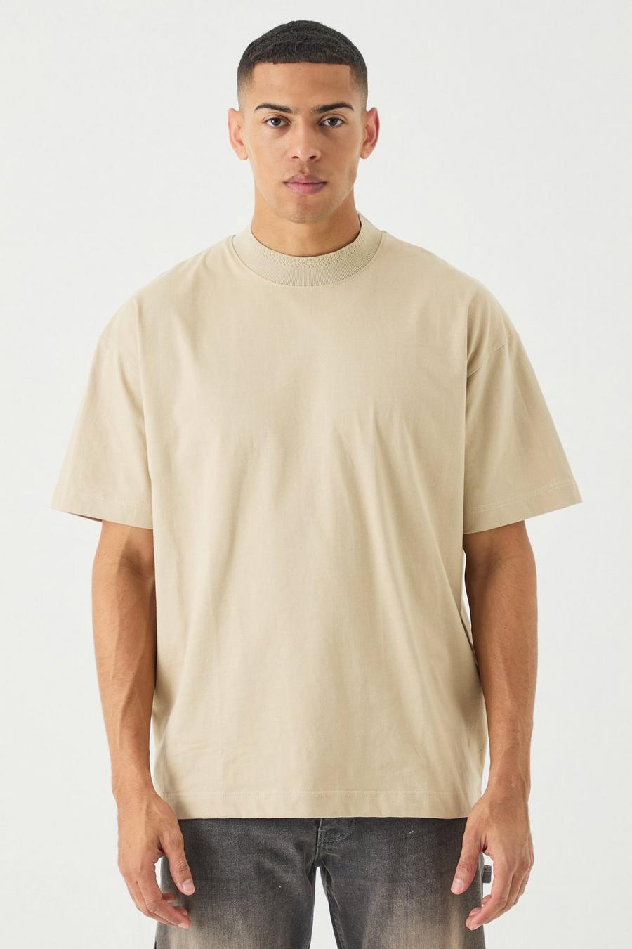 T-shirt oversize pesante con girocollo esteso in jacquard, Sand image number 1