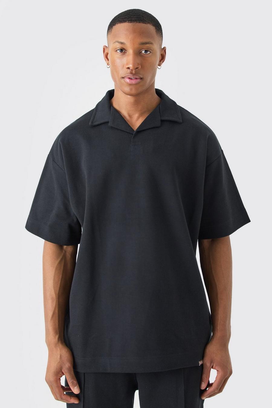 Polo oversize Man in maglia pesante intrecciata con rever, Black image number 1