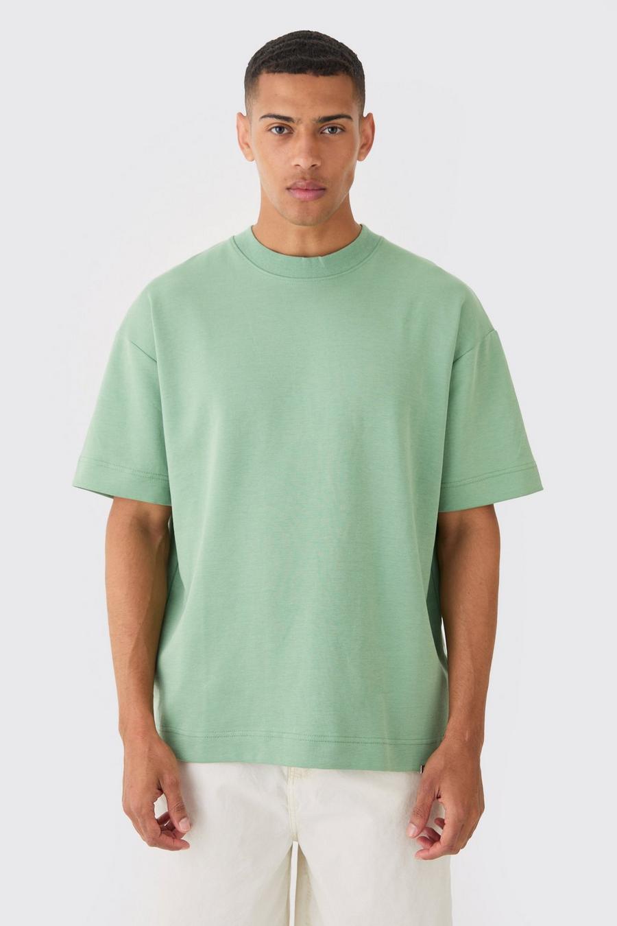 T-shirt Man oversize pesante in maglia intrecciata con girocollo esteso, Sage