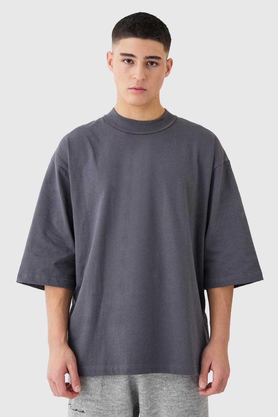 Camiseta oversize de cardado con mangas a la mitad y cuello grueso, Charcoal image number 1
