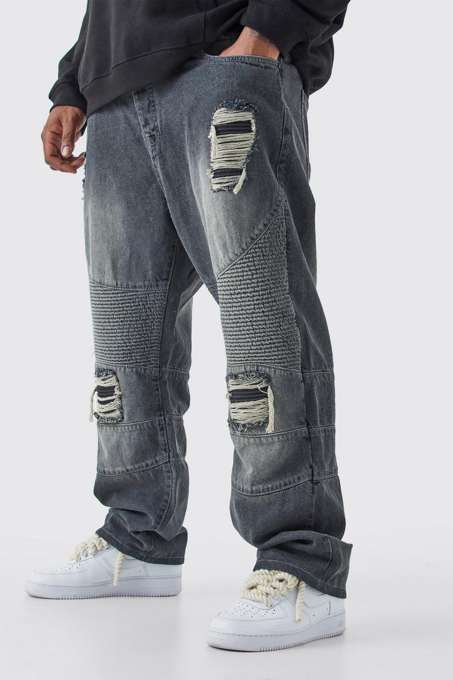 Grey Plus Straight Ripped Biker Jean image number 1