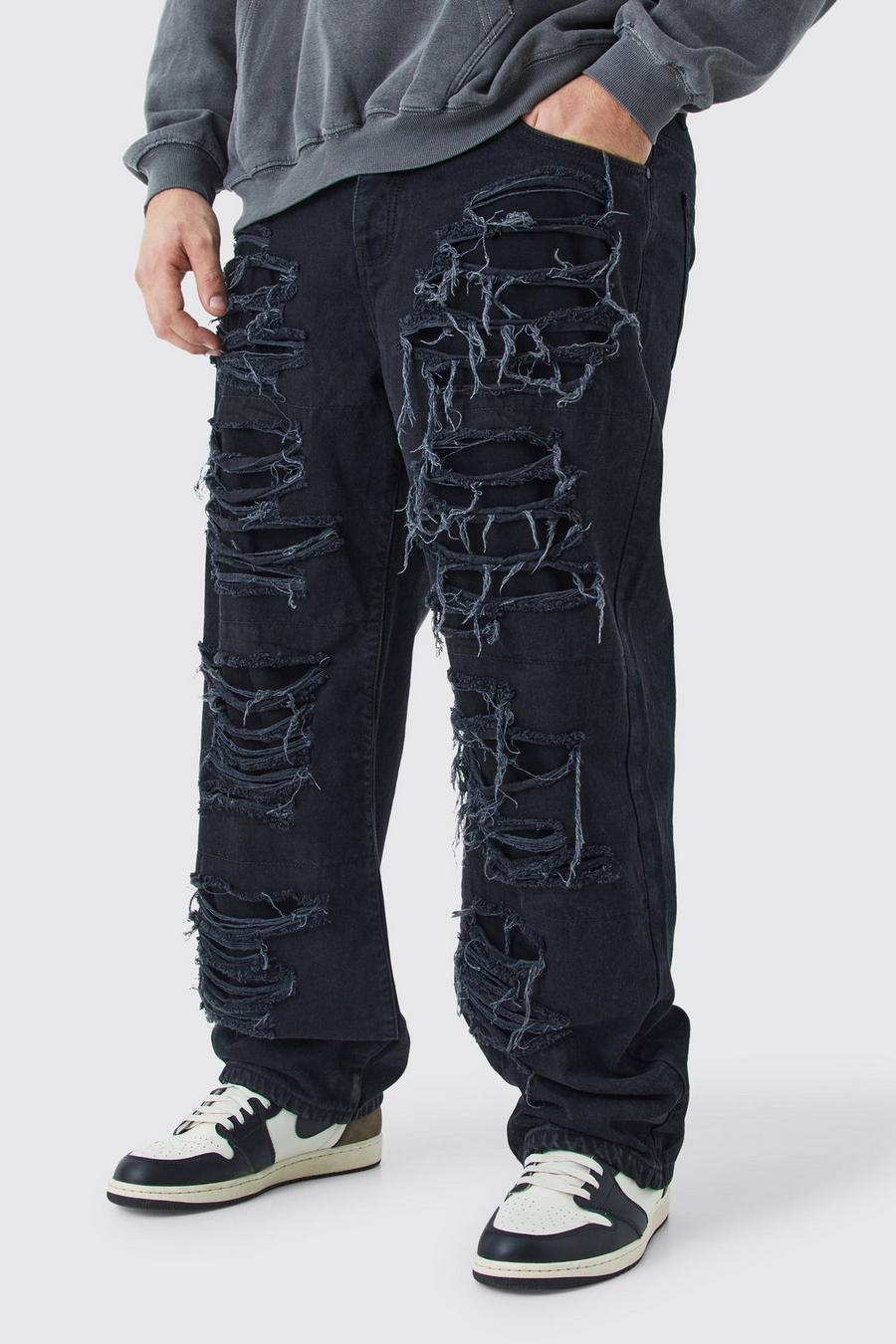 Jeans rilassati Plus Size in denim rigido con strappi estremi, True black