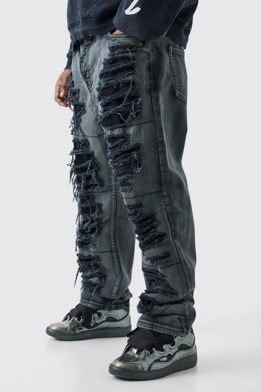 Jeans dritti Plus Size in denim rigido con strappi estremi e fondo sfilacciato, Washed black image number 1