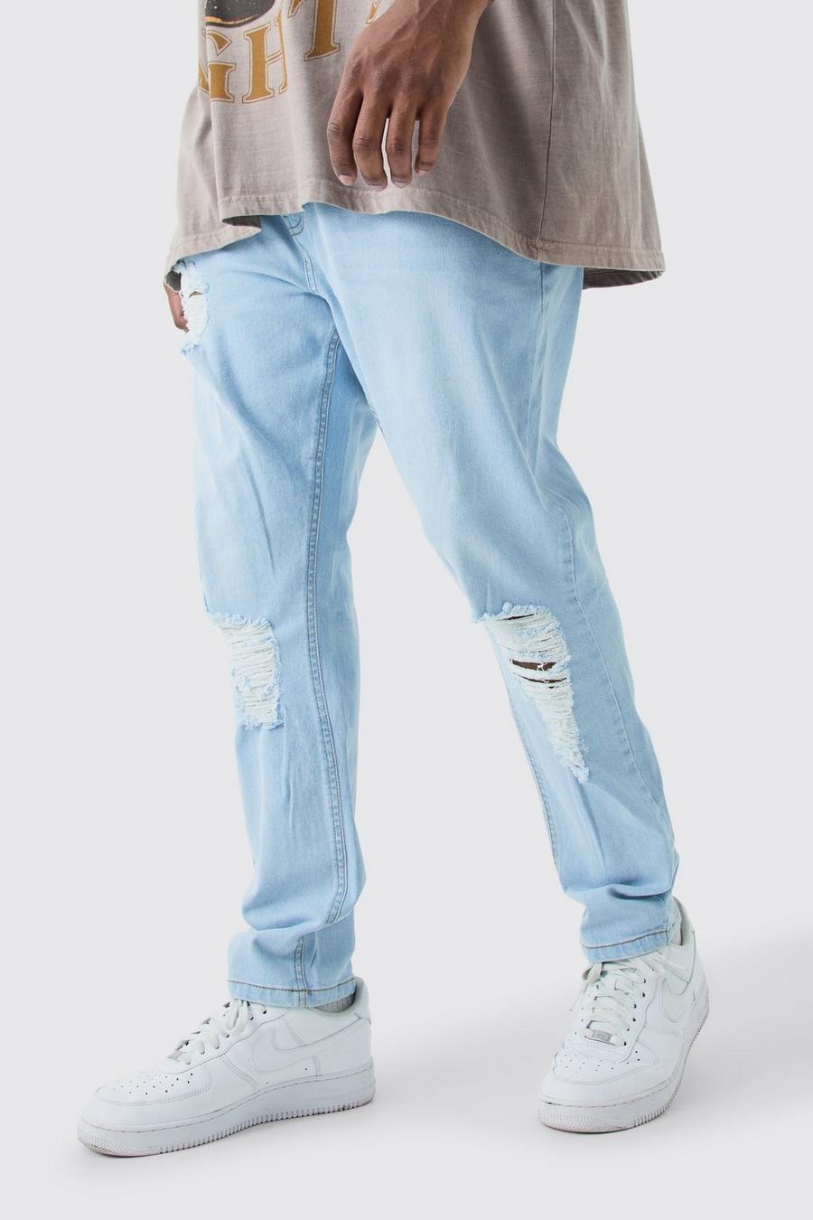 Jeans dritti Plus Size in lavaggio acido con strappi sul ginocchio, Ice blue