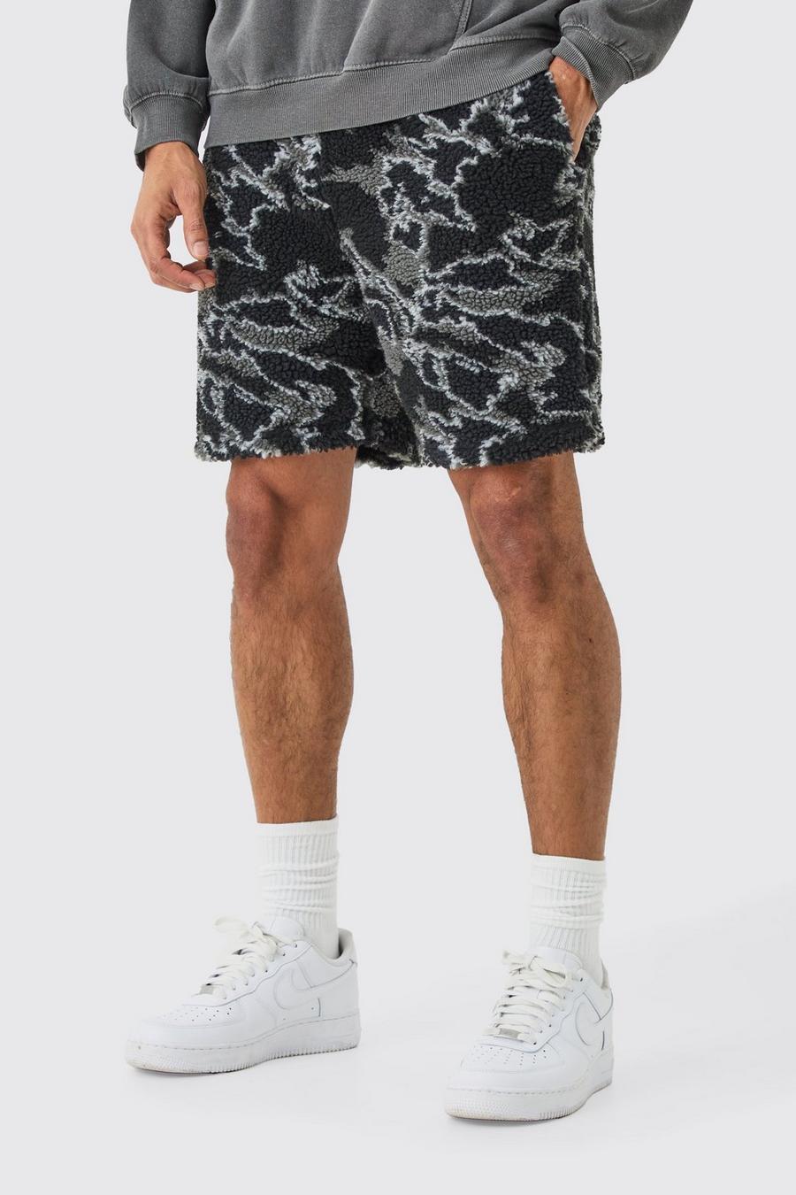 Black Loose Mid Length Abstract Printed Borg Shorts image number 1