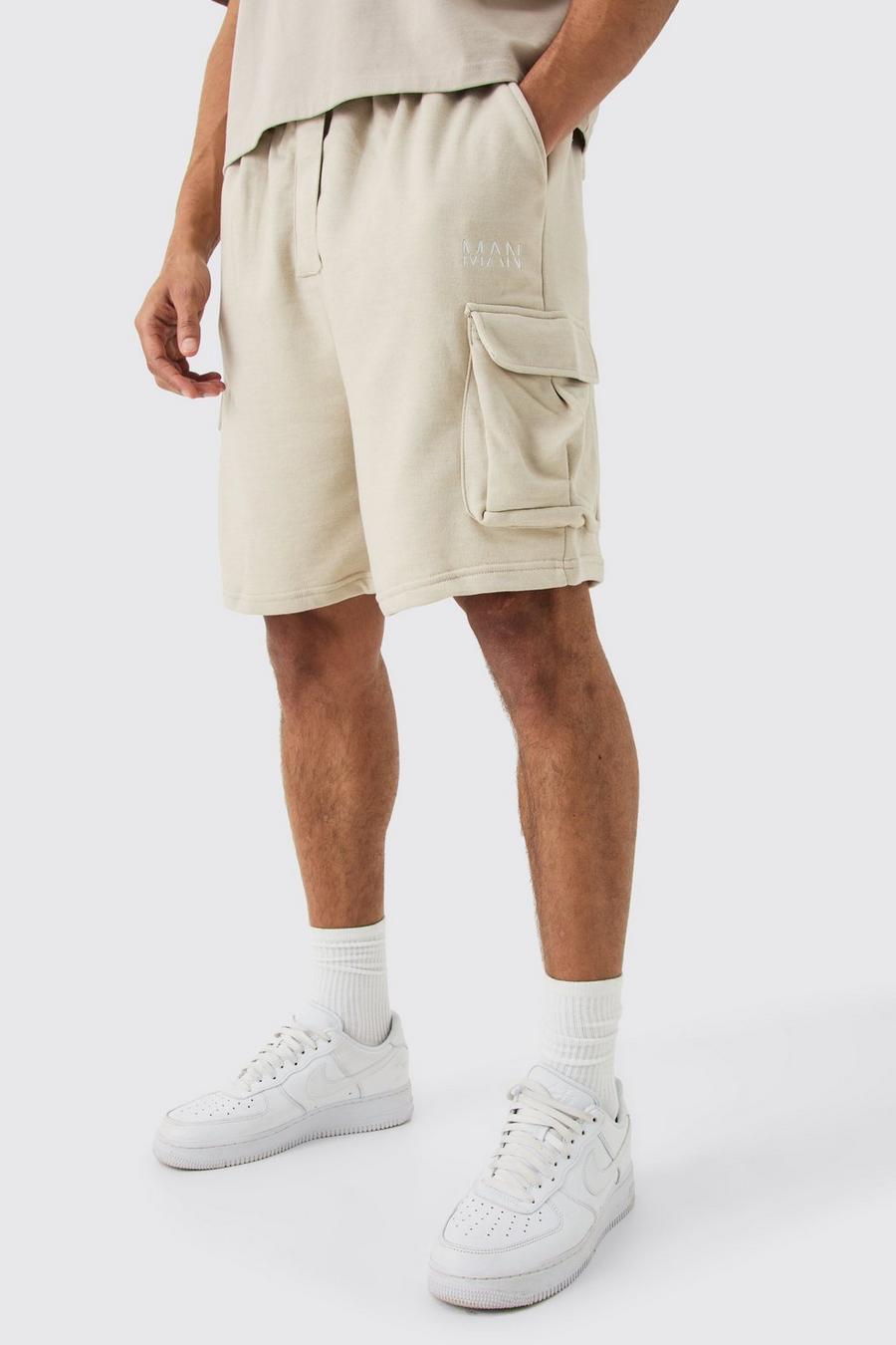Taupe Oversized Drop Crotch Man Cargo Pocket Jersey Shorts image number 1