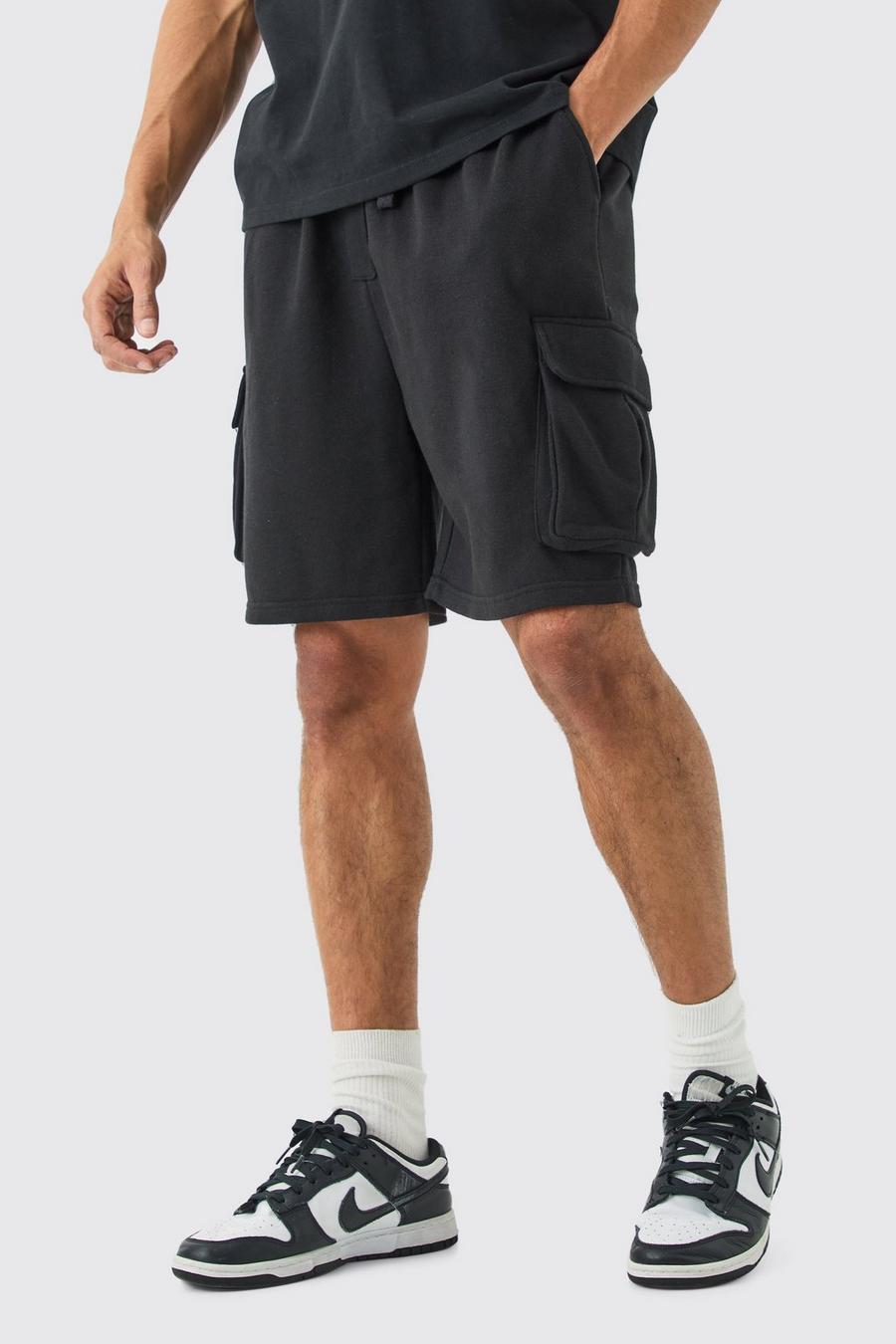 Black Oversized Drop Crotch Cargo Pocket Jersey Shorts image number 1