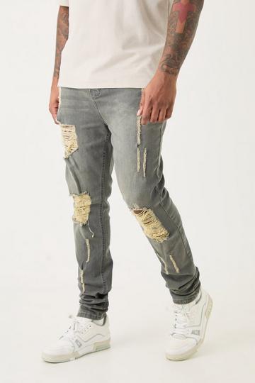 Plus Super Skinny Stretch Multi Rip Stacked Jeans grey