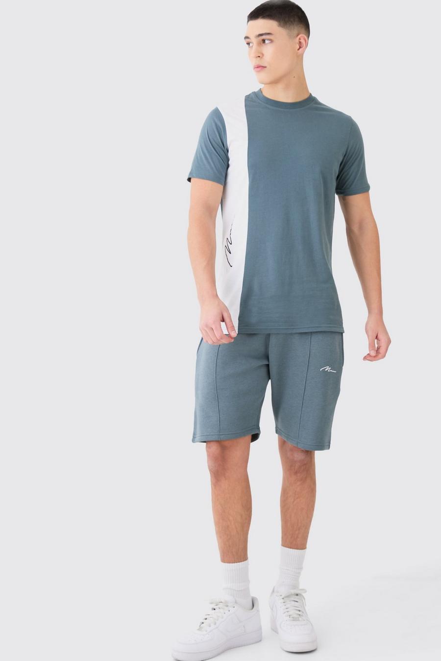 Slate blue Man Slim Fit Colour Block Tshirt And Shorts Set  image number 1