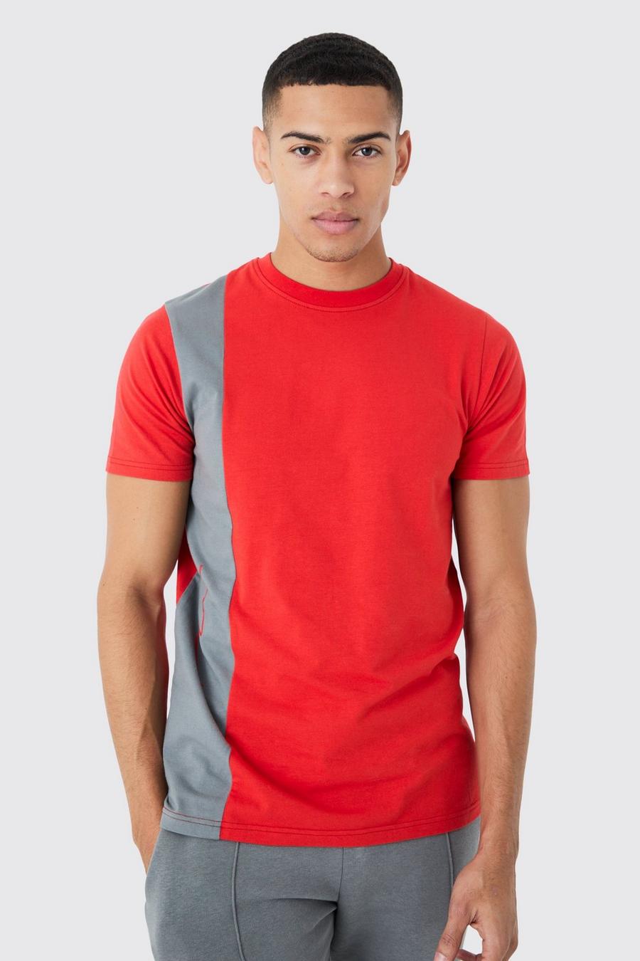 T-shirt Man Slim Fit con pannelli a blocchi di colore, Red image number 1