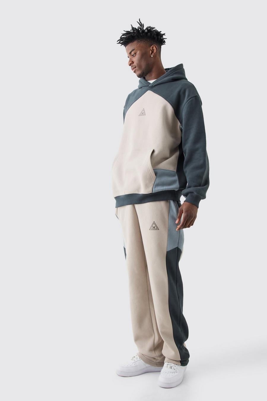 Oversize Colorblock Trainingsanzug mit Logo und Kapuze, Charcoal image number 1
