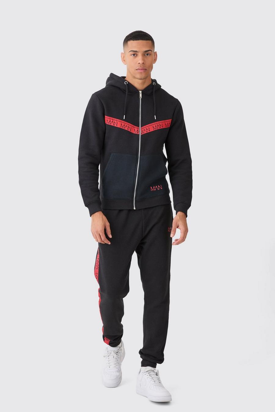 Black Man Slim Zip Through Tape Detail Tracksuit