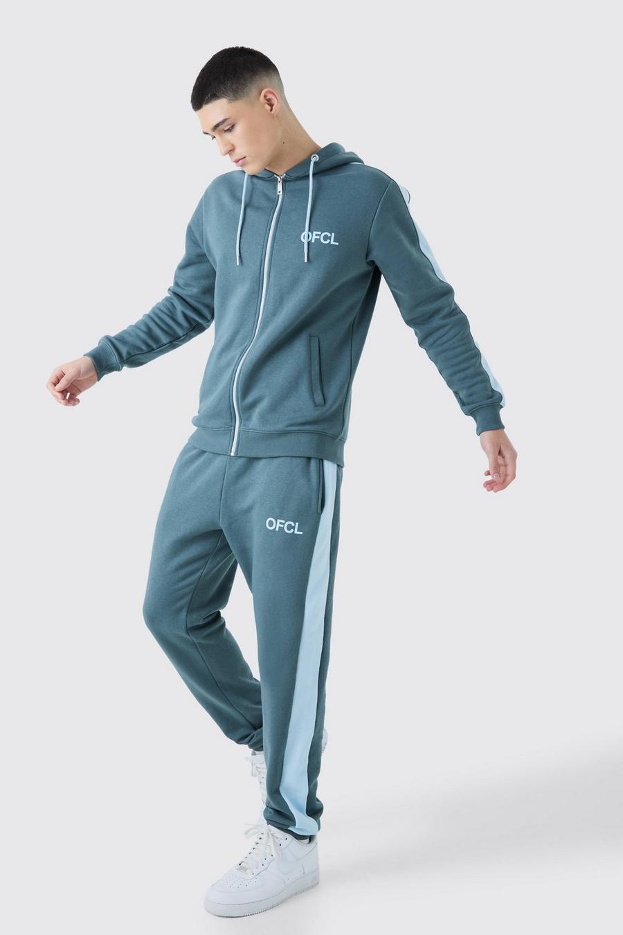 Slate blue Ofcl Slim Zip Through Contrast Colour Block Hooded Tracksuit image number 1