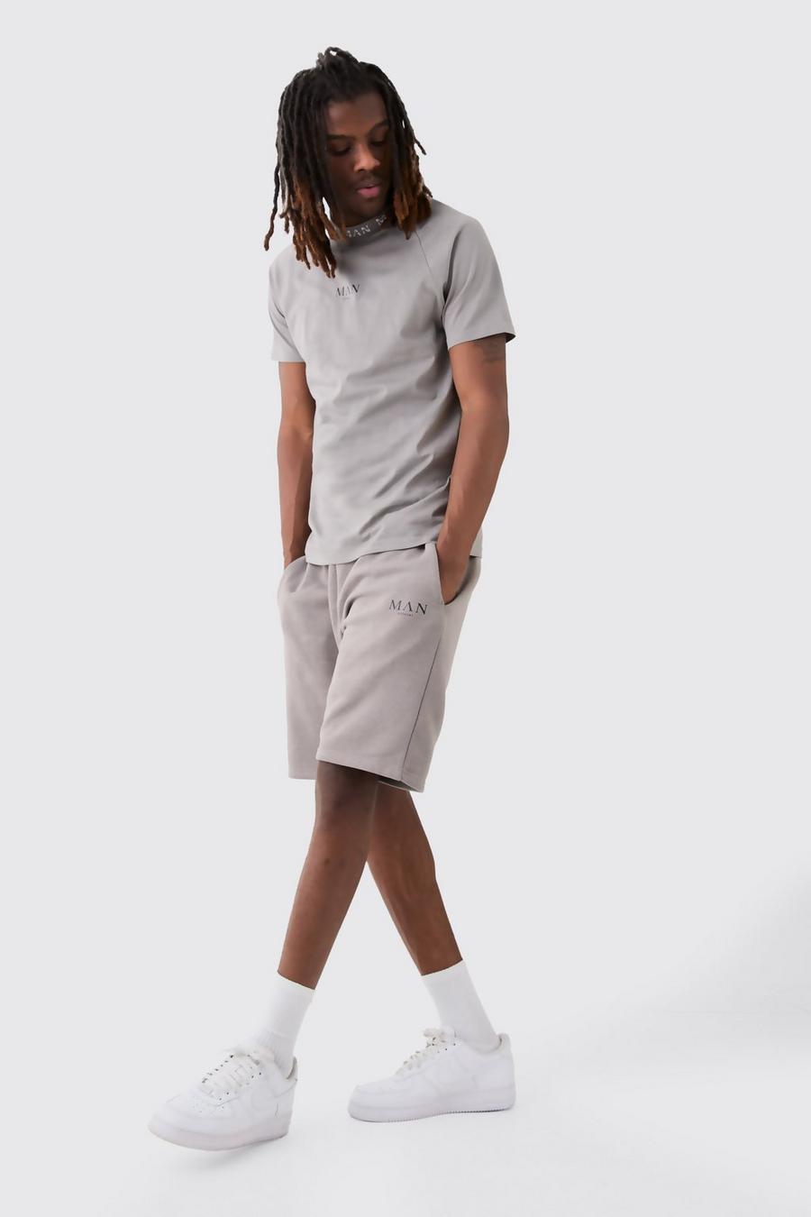 Charcoal Man Geribbeld Slim Fit T-Shirt Met Tekst En Shorts Set image number 1