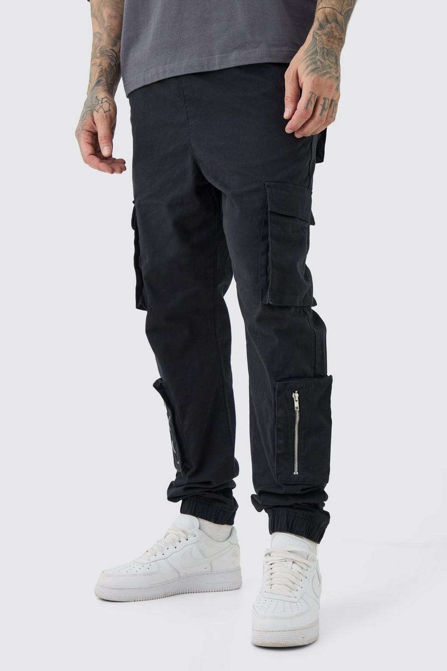 Black Tall Multi Cargo Pocket Cuffed Pants image number 1