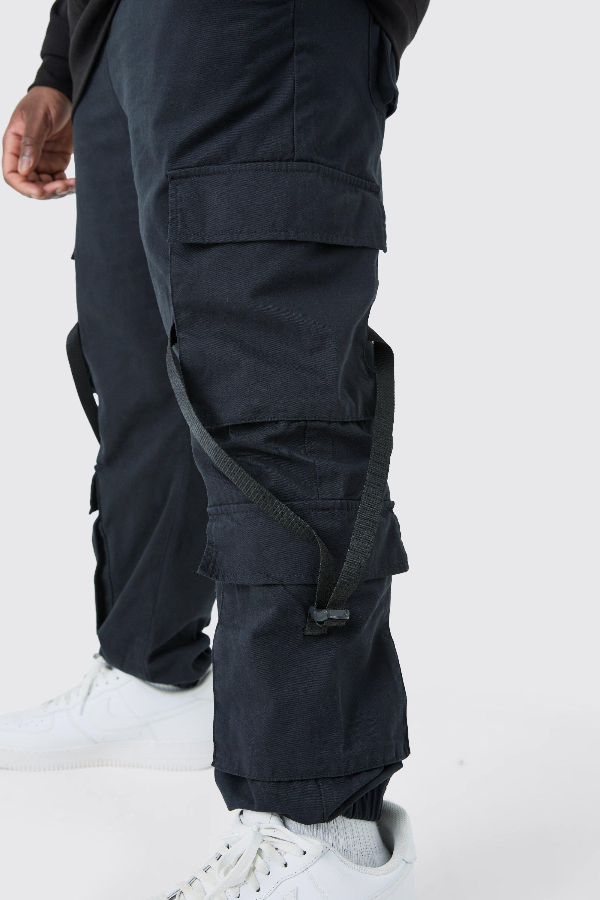 Triple pocket fashion strap cargo pants black