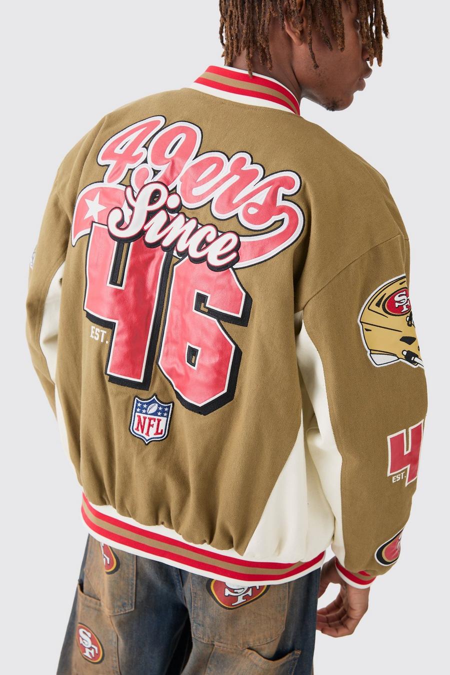 Chaqueta universitaria con apliques de cuero sintético NFL 49ers, Olive image number 1