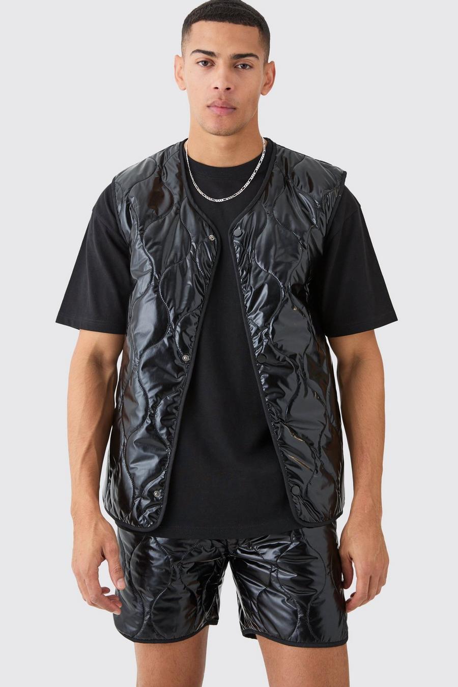 Black Gewatteerd Metallic Hemd Met Stiksels En Shorts Set image number 1